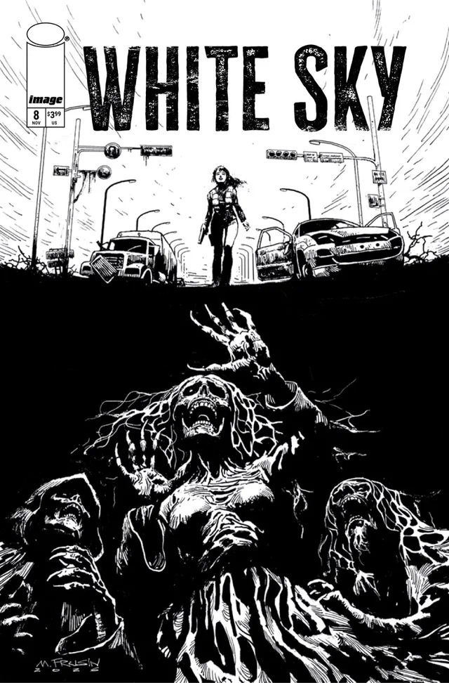 Tapa de White Sky #8 · Cover B Marcelo Frusin Bandw Var