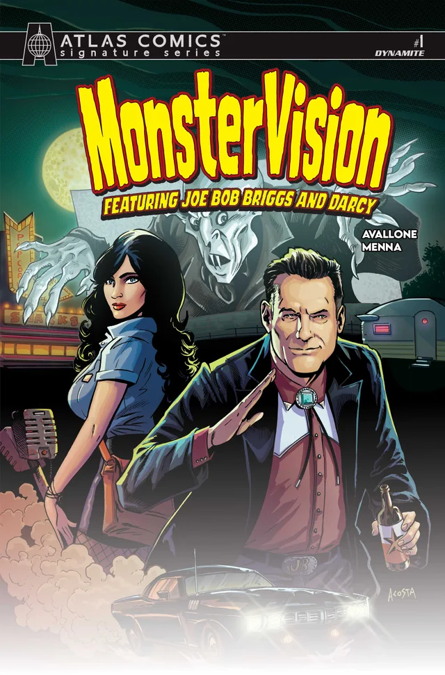 Tapa de Monstervision Featuring Joe Bob Briggs And Darcy #1 · Cover I Dave Acosta Atlas Edition Signed By Joe Bob Briggs And Darcy Var