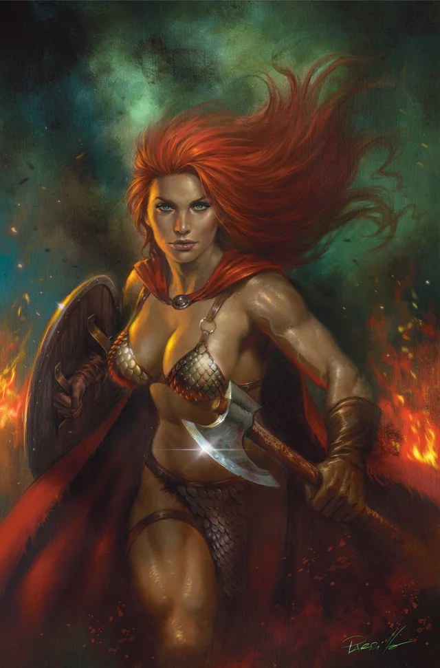 Tapa de Red Sonja Shedevil With A Sword #9 · Cover F Lucio Parrillo Metal Premium Var